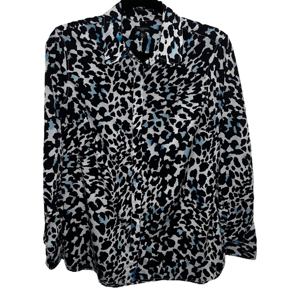 Talbots Tops - TALBOTS blue black and white leopard print button up top